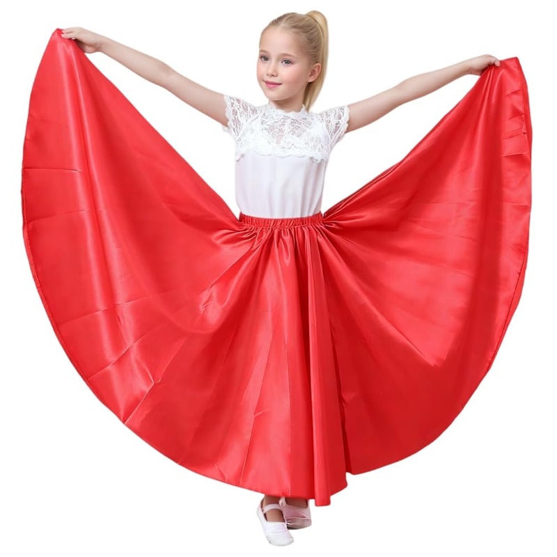 Sancan Girls Belly Latin Dance Skirt - Elastic Waist Ankle Length Full Flowy Circle Dancewear for Dance Practice Training (US, Age, 8 Years, 12 Years, Red) - Image 3